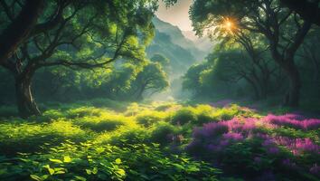 Sunlit Forest with Blooming Wildflowers and Lush Vegetation photo