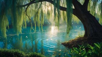 Willow Tree Near Peaceful Water Surface with Birds Flying photo
