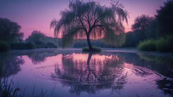 Willow Tree in Water Reflecting Pink Sky at Sunset photo