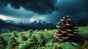 Pine Cone on Fir Branches with Mountains and Storm Clouds photo