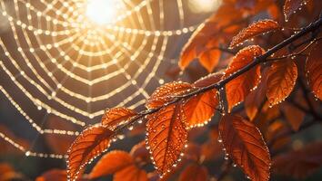 Dew Drops on Web and Autumn Leaves in Sunlight photo