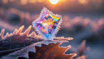 Frozen Gemstone on Leaf in Winter Landscape photo