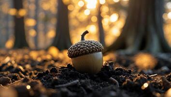 Acorn on Forest Floor in Golden Light photo