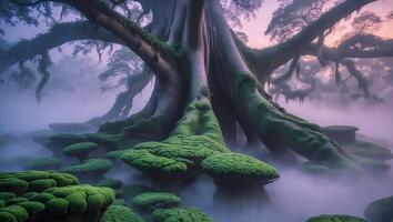 Giant Mossy Tree in Foggy Forest at Dusk photo