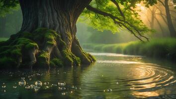 Tree at River Edge with Moss and Sunlight photo