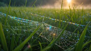 Spiderweb with Dewdrops on Green Grass in the Morning photo