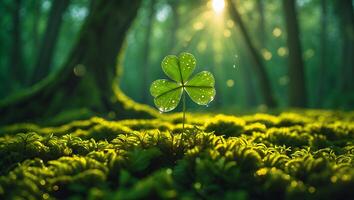Green Clover with Water Droplets in Forest photo