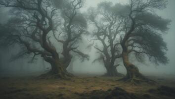 Foggy Forest Landscape with Old Trees photo