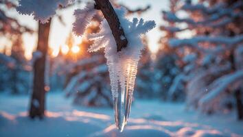 Icicle on Branch in Snowy Winter Landscape photo