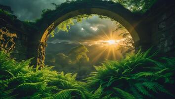Stone Archway in Forest with Ferns and Sunset photo