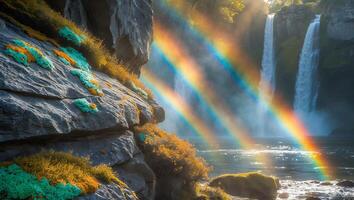 Waterfall and Rainbow in Nature Landscape with Rocky Cliff photo