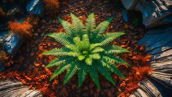 Fern Surrounded by Autumn Leaves and Stones photo