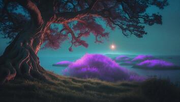 Fantasy Tree with Purple Bush Landscape photo
