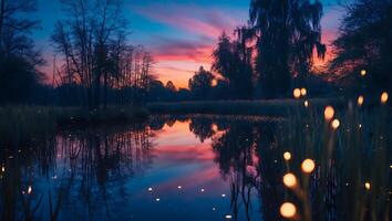 Lake at Dusk with Fireflies and Sky Reflections photo