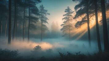 Foggy Forest with Sun Rays Shining Through the Trees photo