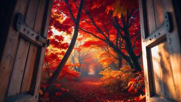 Autumn Forest View Through Wooden Door photo