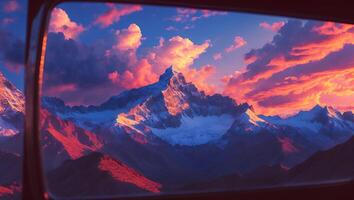 Mountain Peak View with Colorful Clouds During Sunset photo