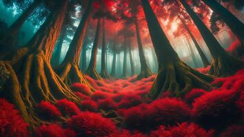 Red Forest with Tall Trees and Dense Undergrowth photo