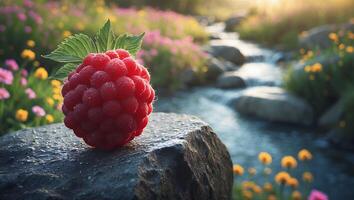 Fresh Raspberry on Rock by Stream and Wildflowers photo