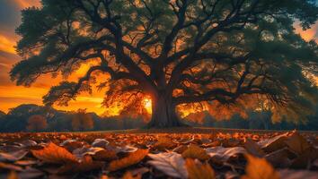 Large Tree at Sunset with Leaves on the Ground photo