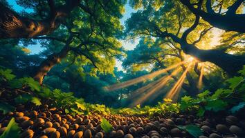 Forest Sunlight Acorns Green Canopy Tree Nature Light photo