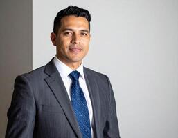 A professional man in a dark gray pinstripe suit and blue tie offers a confident look photo