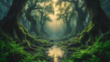 Enchanted Forest with Mossy Trees and Sunlight photo