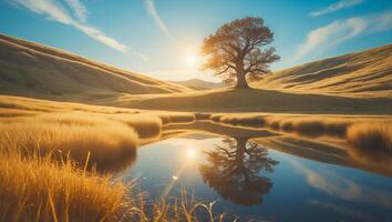 Tree Reflecting in Pond at Sunrise Golden Meadow photo