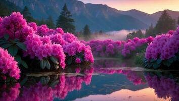 Pink Rhododendron Bloom Near Calm Lake with Mountain Backdrop photo