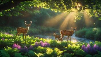 Deer Family Near Creek in Forest with Sunlight photo