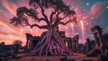 Ancient Tree with Roots Growing Around Ruins and Fireworks at Sunset photo