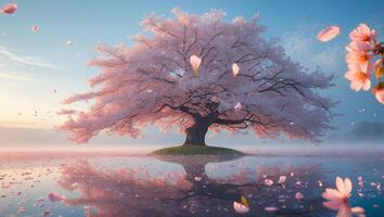Blooming Cherry Tree Over Water with Flower Petals photo