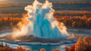 Geyser Eruption in Autumn Landscape Scenery photo