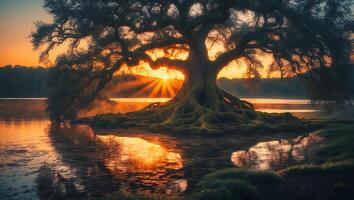 Majestic Tree at Sunset by Lake photo