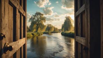 River View From Open Wooden Door with Willow Trees photo