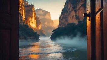 River Between Cliffs Seen Through Open Door photo