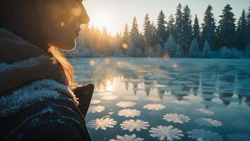 Woman at Frozen Lake with Ice Patterns and Forest at Sunset photo