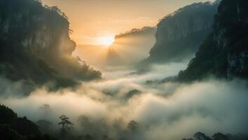Mountain Range Overlook at Sunrise with Fog photo