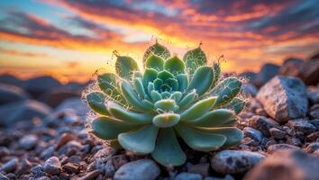 Succulent Plant with Orange Sunset Sky in a Rocky Desert Landscape photo