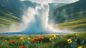 Geyser Eruption in Meadow with Flower and Mountains photo