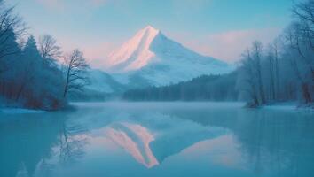 Snowy Mountain Reflection on Calm Lake Surrounded by Forest photo
