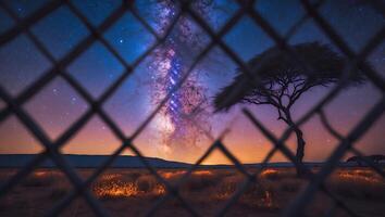African Landscape with Tree and Milky Way Viewed Through Fence photo