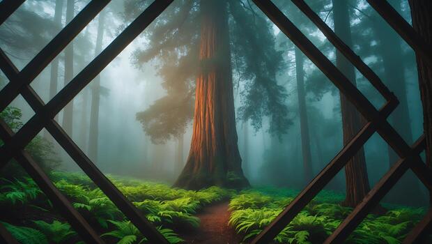Redwood Tree in Misty Forest View Through Wood Frame photo