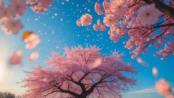 Pink Cherry Blossom Tree Blooming Against Blue Sky photo