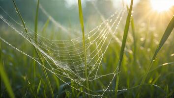 Dew Covered Spiderweb on Green Grass photo