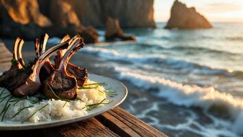Grilled Lamb Chop with Rice on Beach photo