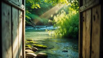 River Stream View Through Wooden Door with Sunlight photo
