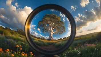 Large Tree Viewed Through a Lens in a Flower Meadow photo