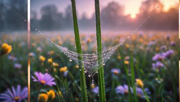 Dew Covered Cobweb in Flower Field at Sunrise photo