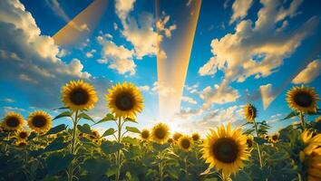 Sunflower Field at Sunset with Clouds and Sunlight photo